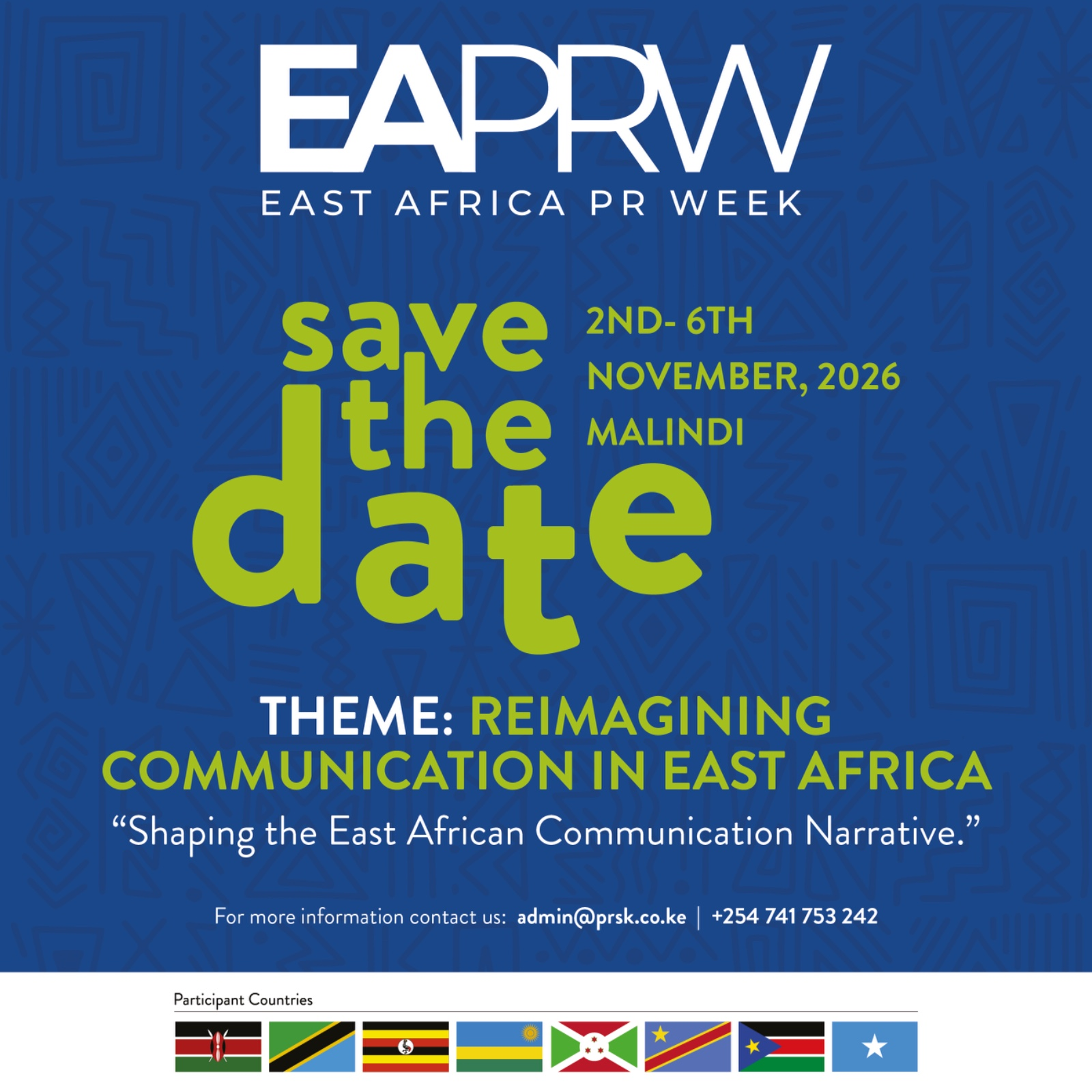 Official EAPRW 2026 Save the Date announcement poster — East Africa PR Week, 2nd–6th November 2026, Malindi, theme Reimagining Communication in East Africa, with the eight participant country flags