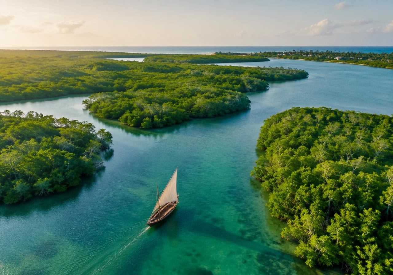 Dhow cruising through Mida Creek mangroves